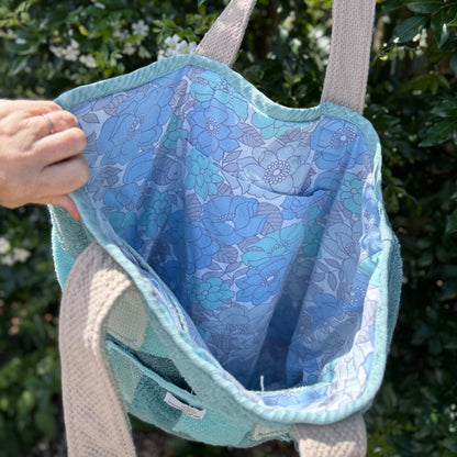 Upcycled Towelling Beach Bags ~ Large Turquoise Strips