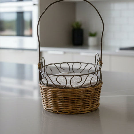 Woven basket with handmade wipes on kitchen bench