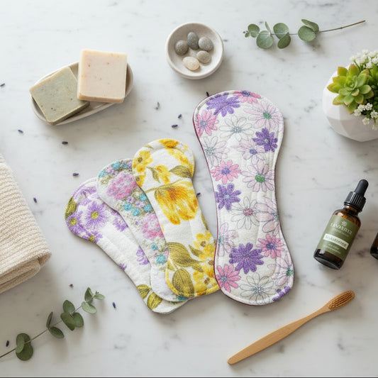 Set of floral-vintage-patterned pads on abathroom bench top