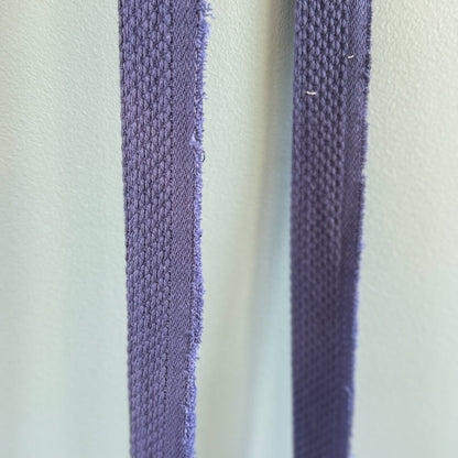 A close-up of two narrow purple woven straps or cords hanging vertically against a pale mint-green background.