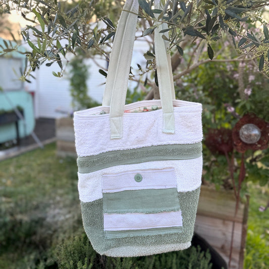 Upcycled Towelling Beach Bags ~ Medium Greens with white