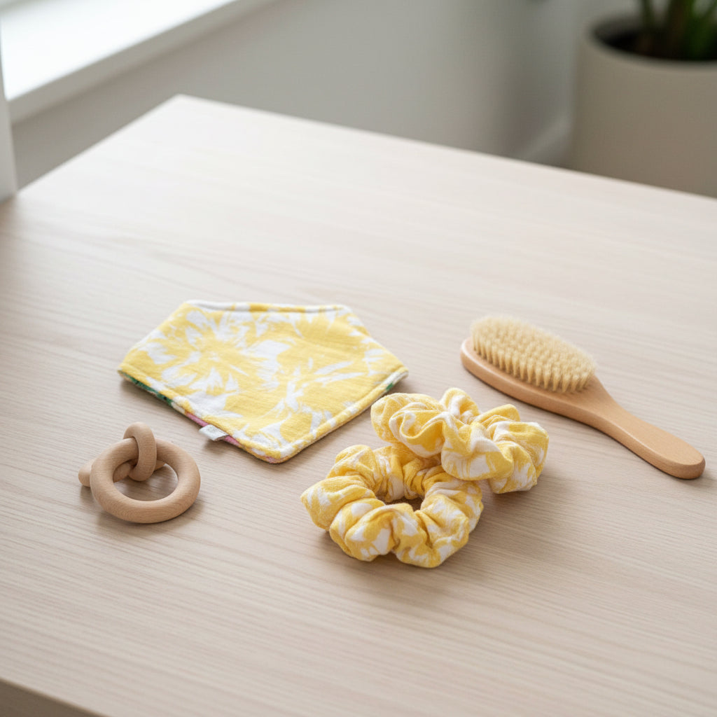 Two yellow and white floral fabric scrunchies with a matching fabric pouch, laid flat on a dark gray fabric background.