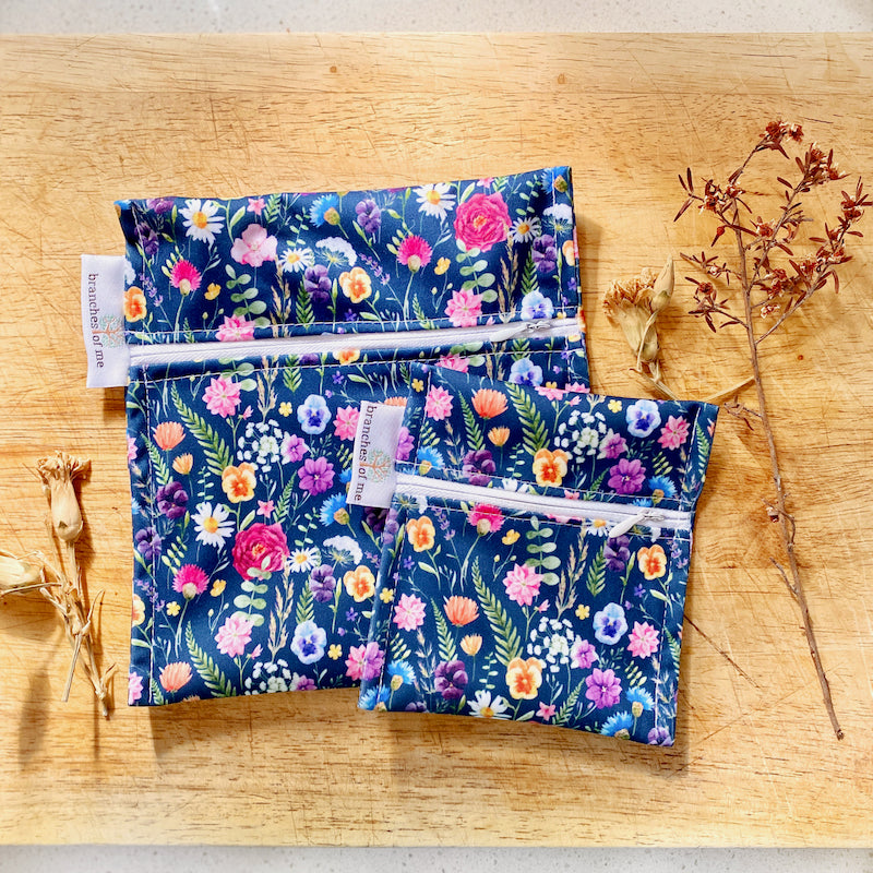 Navy Flower Garden Handmade Washable Snack/Wet Bag