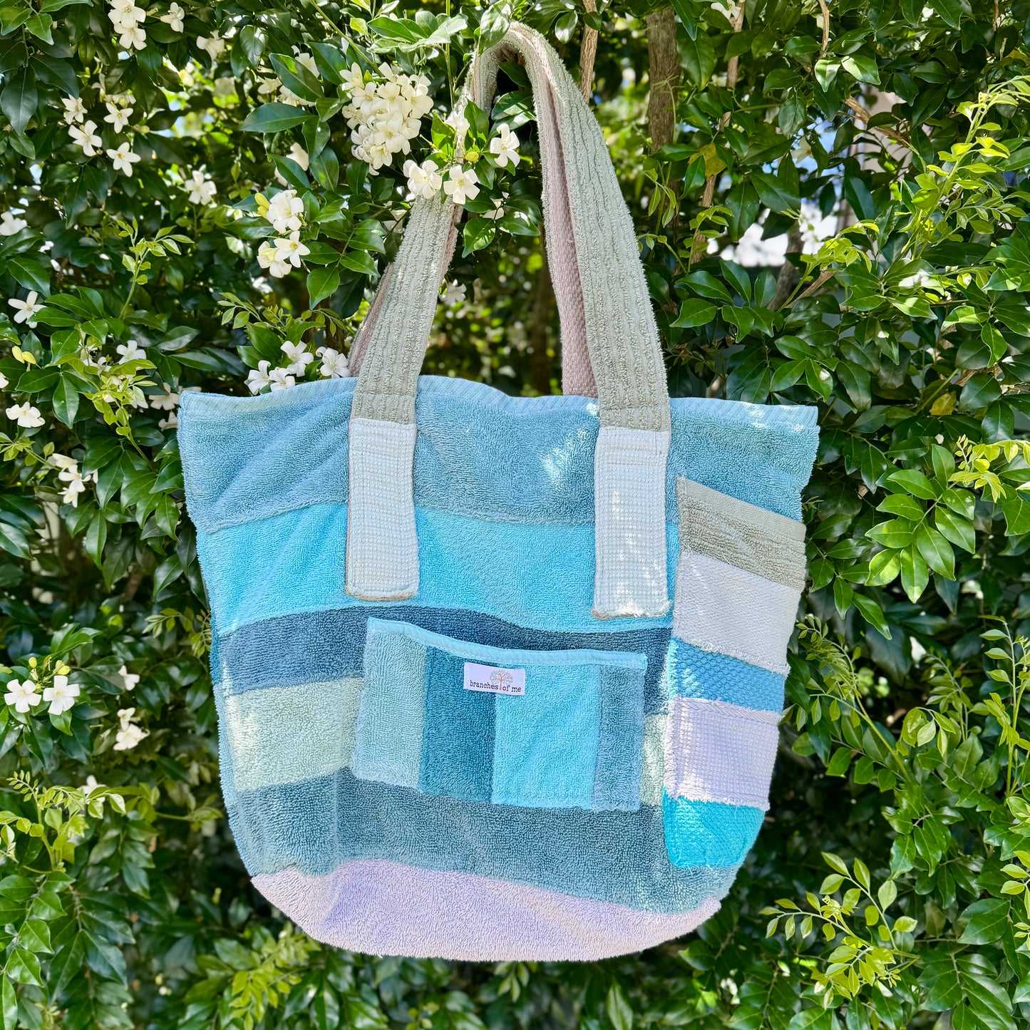 Upcycled Towelling Beach Bags ~ Large Turquoise Strips