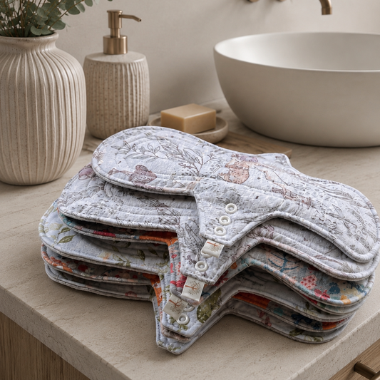 Stack of reusable menstrual pads on a bathroom counter with a sink and mirror in the background.