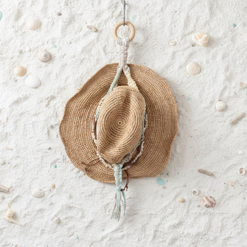 Woven hat with decorative elements hanging on a wall