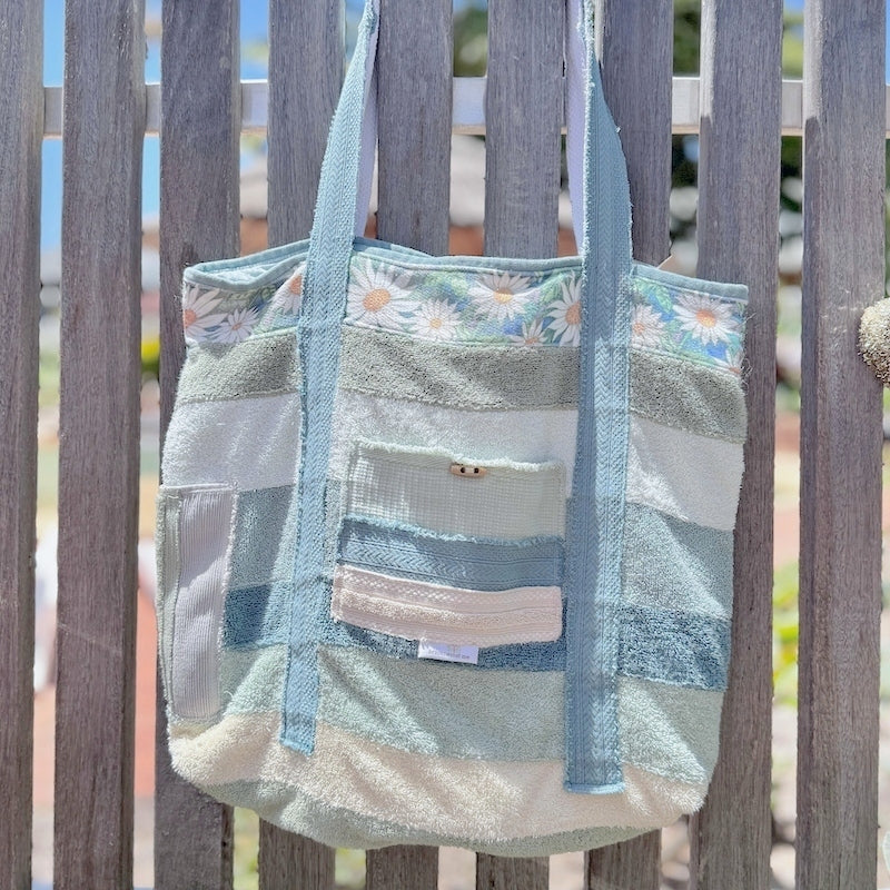Upcycled Towelling Beach Bags ~ Soft teals ~