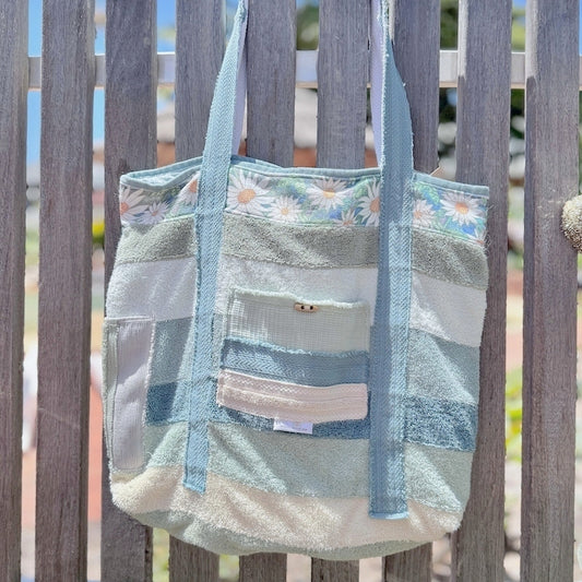 Upcycled Towelling Beach Bags ~ Soft teals ~